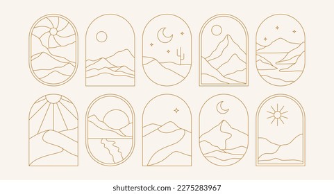 Minimal boho landscape frame. Trendy linear bohemian windows desert mountain moon sun for logo tattoo. Vector line set