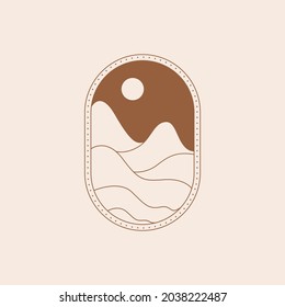 Minimal boho landscape logo. Of the moon and the sun concept. Mountains, nature, sun and sunburst. Vector icon for handmade products, social media posts, travel concept illustrations etc. Branding. 
