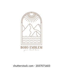 Minimal boho landscape logo in trendy linear style. Sea, waves, mountains, sun and sunburst. Vector bohemian icon for handmade products, cosmetics, travel concept illustrations etc. Branding.