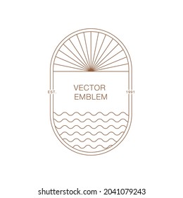 Minimal boho landscape logo in trendy linear style. Sea, waves, sun and sunburst. Vector bohemian icon for handmade products, cosmetics, travel concept illustrations etc. Branding.