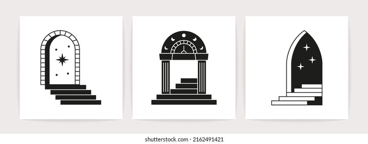 Minimal boho line doors staircases. Mystic linear tattoo icons, bohemian window frames steps. Vector esoteric card set
