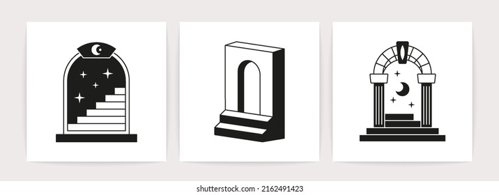 Minimal boho line doors staircases. Mystic linear portal tattoo, bohemian window frames steps. Vector esoteric card set