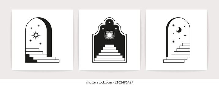 Minimal boho line doors staircases. Mystic linear tattoo signs, bohemian window frames steps. Vector esoteric card set