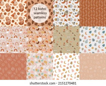 Minimal boho seamless patterns collection. Child nursery design. Crescent moon, spot and plant design. Minimal style for clothing. Wall print set. Vector stock illustration