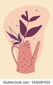 Minimal boho style poster, organic shapes wall art, hand drawn water can, leaves branch illustration. Pink lilac pastel color palette. White background. Vector