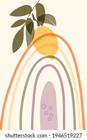 Minimal boho style poster, vector, hand drawn transparent shapes of lemon, leaves, cute kids colorful rainbow in lilac, orange, green color palette, light yellow background