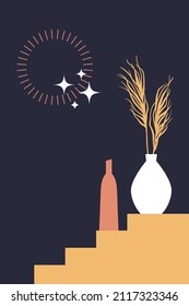 Minimal boho-style poster. Boho dry plants in a vases. Abstract geometric sparkling sun and stairs.