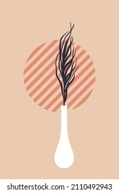 Minimal boho-style poster. Dry boho leaf in a vase. Abstract geometric sun.