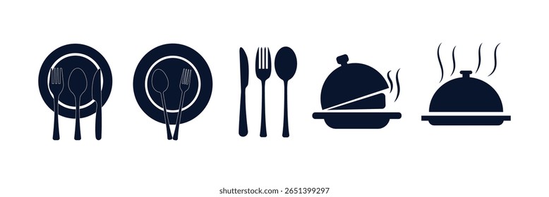 Ícones de talheres mínimos e negrito - Garfo, colher, cloche, faca e prato símbolo Pack para UI restaurante e Food Branding. vetor.
