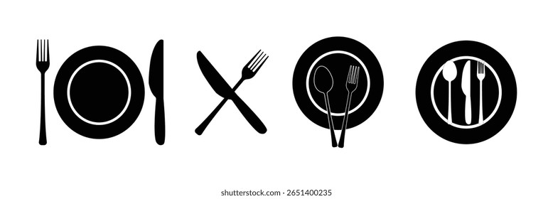 Ícones de talheres mínimos e negrito - Garfo, colher, faca e prato símbolo Pack para UI restaurante e marca de comida. vetor.
