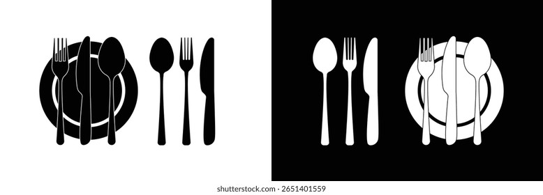 Ícones de talheres mínimos e negrito - Garfo, colher, faca e prato símbolo Pack para UI restaurante e marca de comida. vetor.
