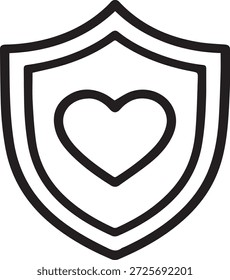 Minimal bold line icon of a shield with a heart inside, representing secure romantic payments and emotional protection. Flat vector style.