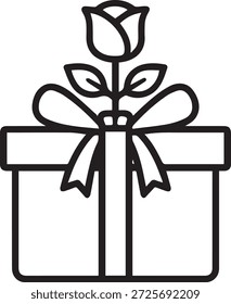 Minimal bold outline icon of a gift box topped with a rose, symbolizing romantic rewards, appreciation, and Valentine gifting.
