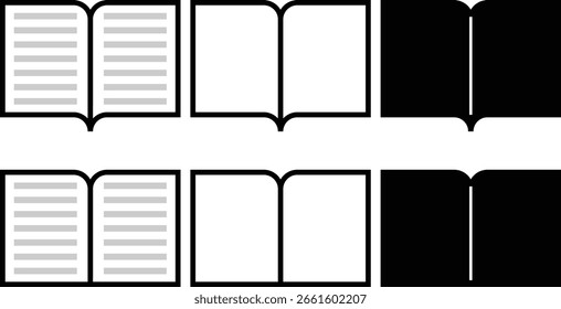 Conjunto de iconos de libro mínimo en varios estilos, incluidas las versiones de contorno, sólido y con líneas. Perfecto para App de estudio, mesa de contenidos, librerías, cafés y branding educativo.