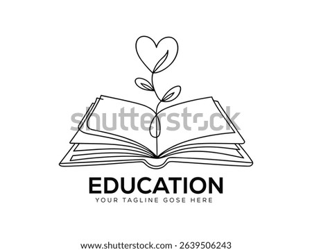 Minimal Book Logo with Heart Leaf Line Art Vector