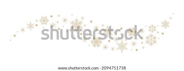 Minimal border of simple\
golden snowflakes and stars on a white background. Decorative\
vector snow wave