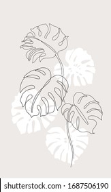 Minimales botanisches Kunstkonzept. Tropische Monstera hinterlässt Silhouette und Line Art auf pastellbeigem Hintergrund. Exotische Vektorillustration Design. Handgezeichnete Kunstbotanik in Pastellfarben