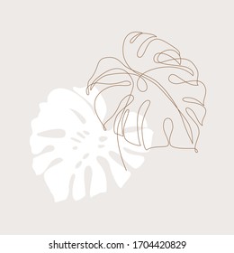 Minimal botanical art concept. Tropical monstera leaves silhouette and line art on pastel beige background. Exotic leaf vector design. Hand drawn line art botany illustration in pastel colors