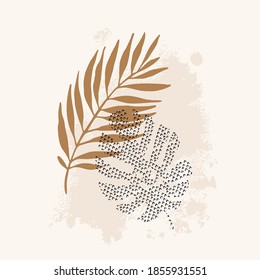 Minimal botanical art concept. Tropical palm and monstera leaves silhouette with rough grunge brushstrokes background. Exotic leaf vector design. Hand drawn line botany illustration in beige colors