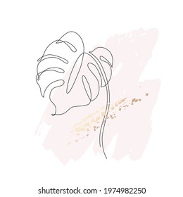 Minimal botanical art concept. Tropical monstera leaf silhouette in line art on pastel pink stain and golden brush strokes background. Vector design. Hand drawn line art botany illustration