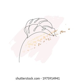Minimal botanical art concept. Tropical monstera leaf silhouette in line art on pastel pink stain and golden brush strokes background. Vector design. Hand drawn line art botany illustration