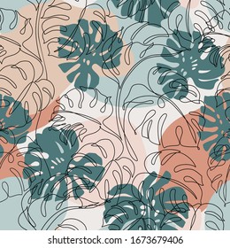 Minimal botanical art seamless pattern. Tropical monstera leaves silhouette and line art on geo shapes background. Exotic leaf vector design. Hand drawn line art botany illustration in pastel colors