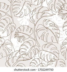 Minimal Botanical Art Seamless Pattern. Tropical Monstera Leaves Silhouette And Line Art On Pastel Beige Background. Exotic Leaf Vector Design. Hand Drawn Line Art Botany Illustration In Pastel Colors