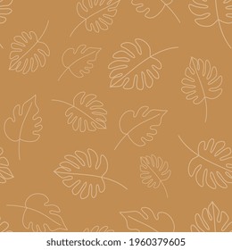 Minimal botanical art seamless pattern. Tropical monstera leaves silhouette and line art on background. Hand drawn line illustration in pastel colors