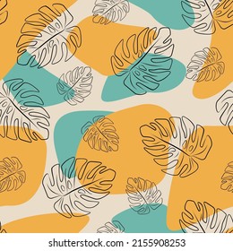 Minimal botanical art seamless pattern. Tropical monstera leaves silhouette and line art on geo shapes background. Exotic leaf vector design. Hand drawn line art botany illustration in pastel colors