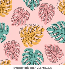 Minimal botanical art seamless pattern. Tropical monstera leaves silhouette and line art on geo shapes background. Exotic leaf vector design. Hand drawn line art botany illustration in pastel colors