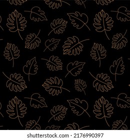 Minimal botanical art seamless pattern. Tropical monstera leaves silhouette and line art on pastel beige background. Exotic leaf vector design. Hand drawn line art botany illustration in pastel colors