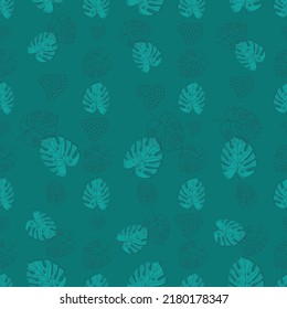 Minimal botanical art seamless pattern. Tropical monstera leaves silhouette and line art on geo shapes background. Exotic leaf vector design. Hand drawn line art botany illustration