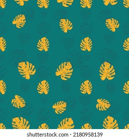 Minimal botanical art seamless pattern. Tropical monstera leaves silhouette and line art on geo shapes background. Exotic leaf vector design. Hand drawn line art botany illustration