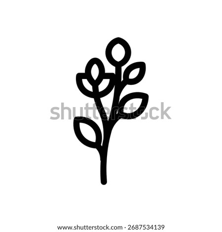 Minimal botanical branch line icon, simple outline of small flowers and leaves, elegant floral vector design