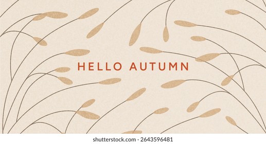 Minimal botanical composition with beige dry grass stems and curved lines on light textured background. Elegant flat autumn design for seasonal banner, wallpaper, postcard, greeting. Vector