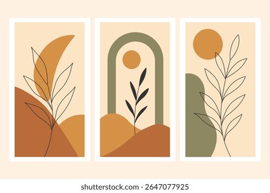 Minimale botanische Komposition mit erdigen Tönen und abstrakten Formen im Boho-Stil