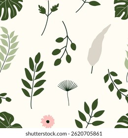 Minimal botanical design featuring various green leaves and soft floral elements on a light background with a clean, natural look.