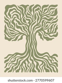 Minimal botanical doodle background. Abstract groovy tree poster Y2K. Modern trendy minimalist style. Groovy spring tree, nature plant and leaf. Wall art for home and naive style frame or poster