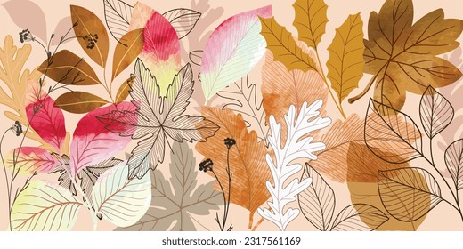 minimal botanical fall and autumn graphic sketch line art drawing, trendy tiny tattoo design, leaf elements vector illustration