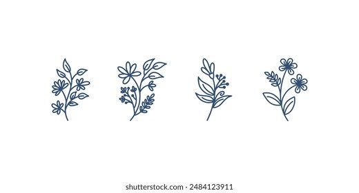 minimal botanical graphic sketch drawing, trendy tiny tattoo design, floral elements vector illustration