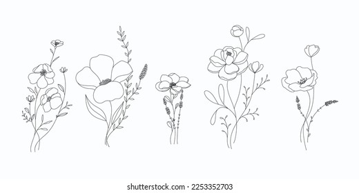 minimal botanical graphic sketch line art drawing, trendy tiny tattoo design, floral elements vector illustration