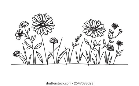 minimal botanical graphic sketch line art drawing, trendy tiny tattoo design, floral elements vector illustration