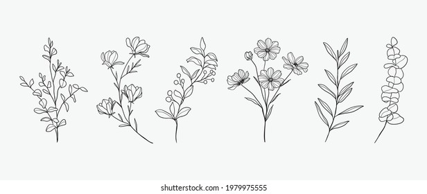 Minimal botanical hand drawing design for logo and wedding invitation. Floral line art.  Flower and leaves design collection for bouquets decoration, card and packaging background.