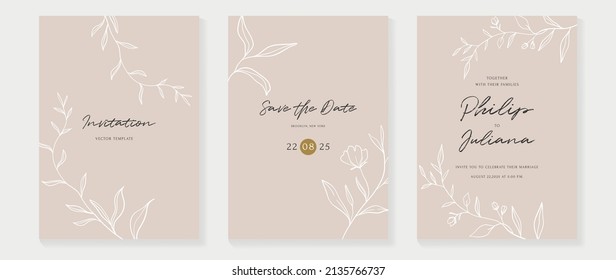 Minimal botanical invitation card template. Floral hand drawn wedding set design with flower, leaves branches. Garden line art pattern collection suitable for banner, flyer, greeting and decor.
