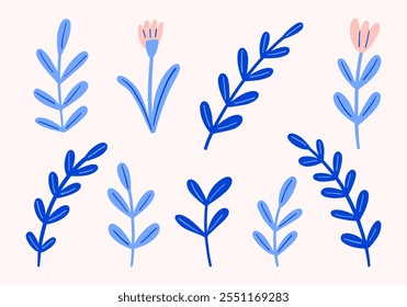 Minimal botanical leaves and floral elements. A collection of 9 minimalist botanical designs featuring blue leafy stems and pink flowers. Ideal for nature-inspired and decorative projects