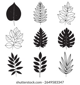 Minimal Botanical Leaves Line Art Vector Set – Black on White Background