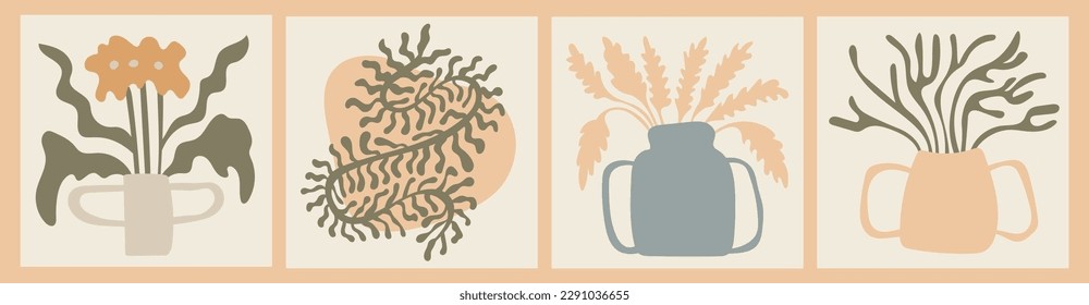 Minimal botanical modern art set. Matisse inspired contemporary vector illustrations. Collection of trendy organic square cards with wavy botany elements in vases and flowerpots.