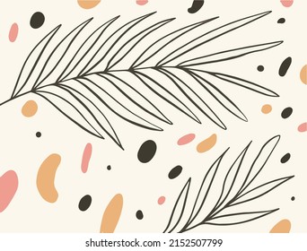 Minimal botanical pattern with hand drawn palm leaves and colorful abstract dots on a soft background.