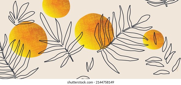 Minimal, botanical poster with leaves and circles vector illustration. Contemporary, abstract, nature inspired design for background, wallpaper, card, wall art, fabric	