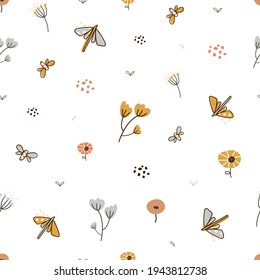 Mínima ilustración vectorial de patrón sin costuras botánica con mariposa y libélula sobre fondo blanco para prendas de vestir para niños, tela, textil, decoración de sala de vivero, papel de envoltura y diseño de impresión.